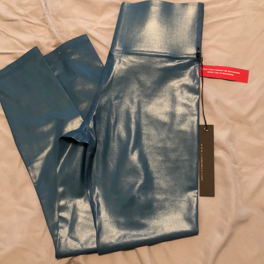 Blue shiny full length leggings size S